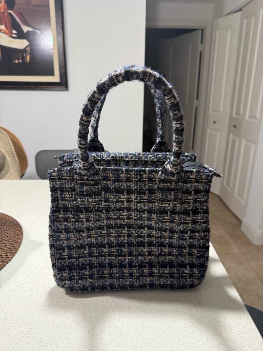 J. Crew Navy and Cream Tweed Top-Handle Satchel
